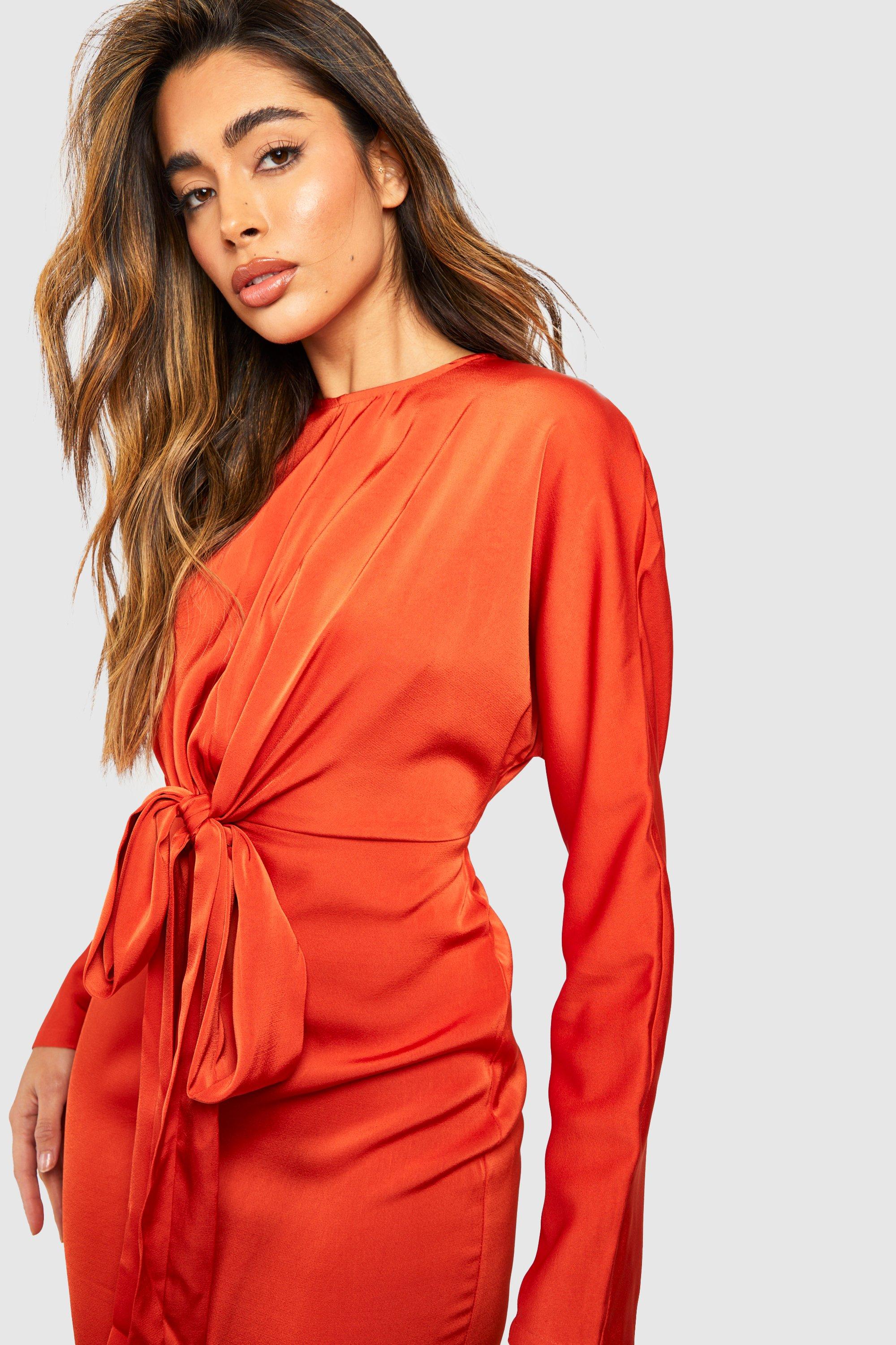 Satin Wrap Detail Tie Back Midi Dress boohoo IL