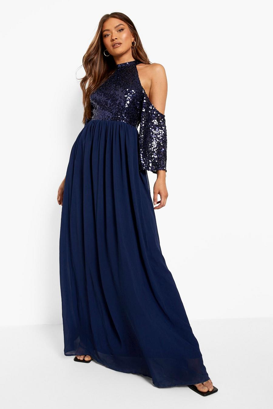 Navy Maxi Jurk Met Pailletten En Uitgesneden Schouders image number 1