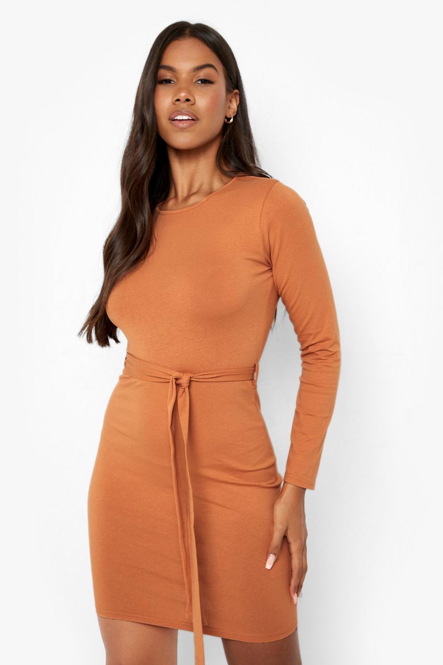 Tan brown Long Sleeve Belted Mini Dress image number 1