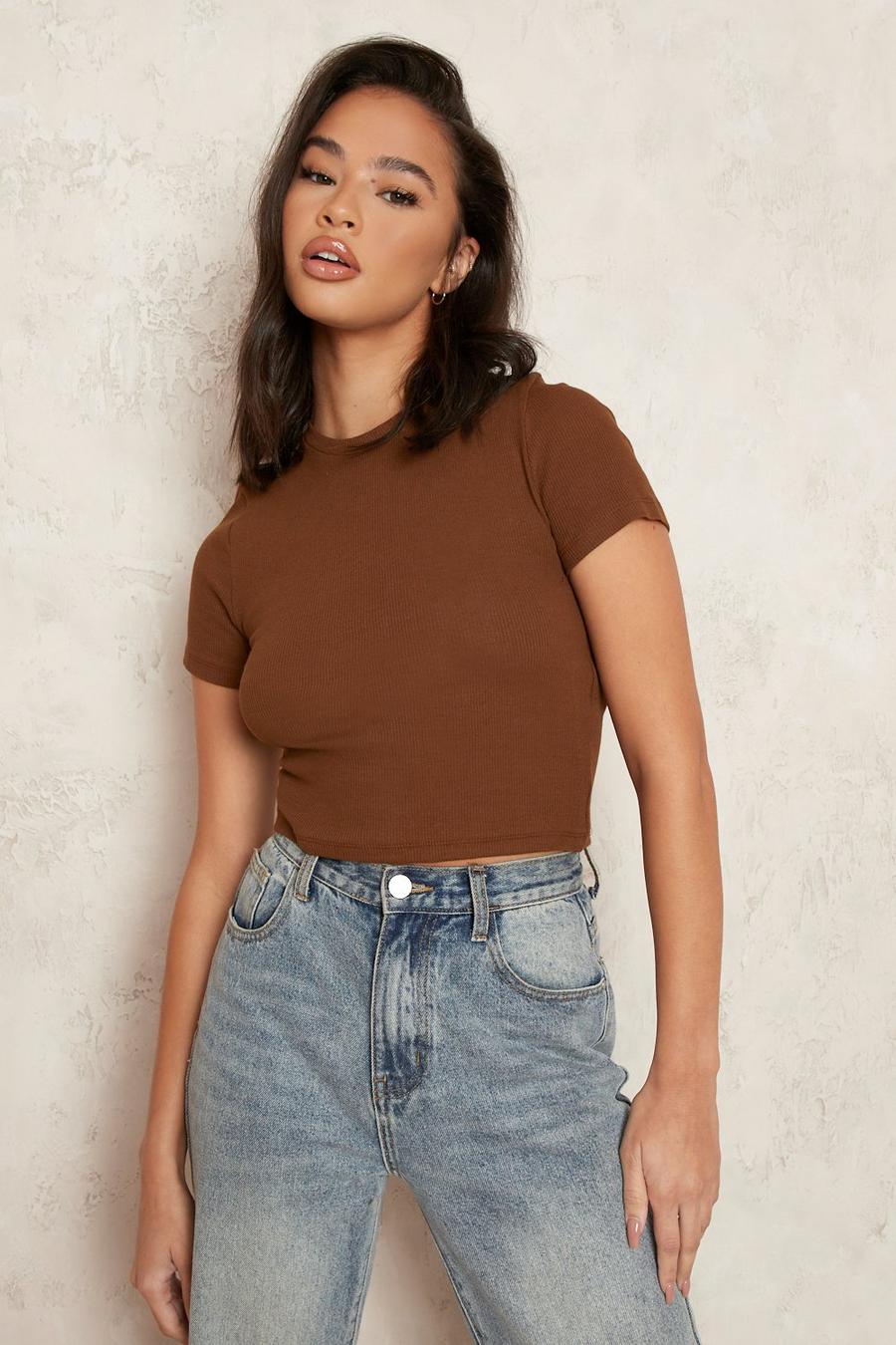 Chocolate Short Sleeve Crew Neck Ribbed Top image number 1