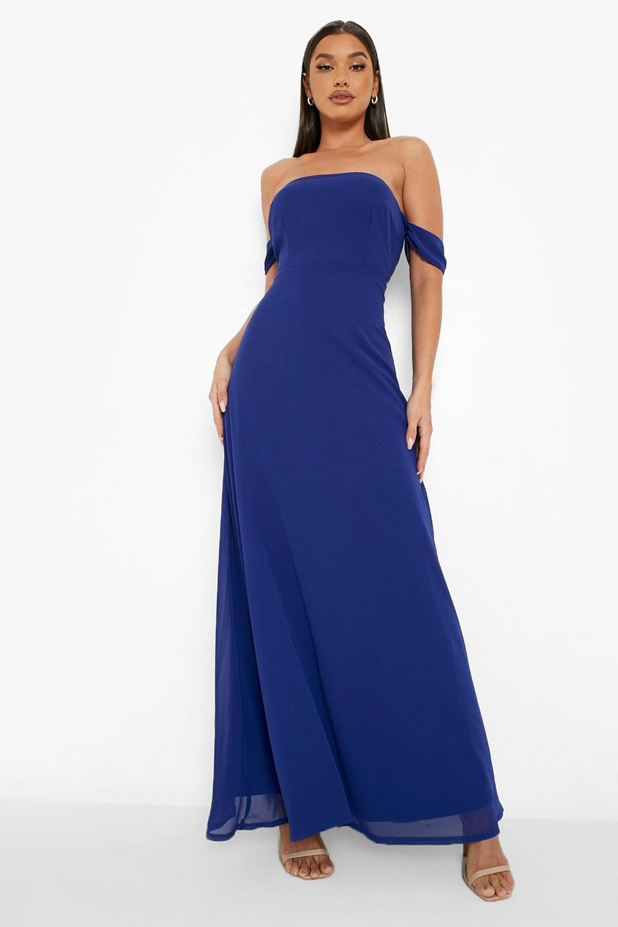 Vestito maxi in chiffon con spalle scoperte, Navy image number 1