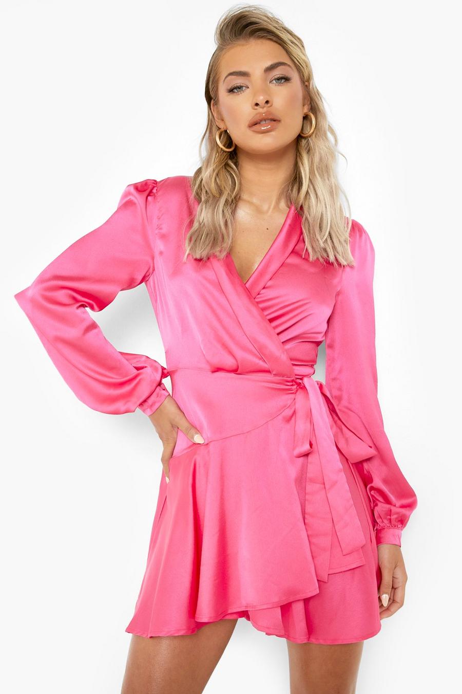 Hot pink rosa Satin Wrap Mini Skater Dress image number 1
