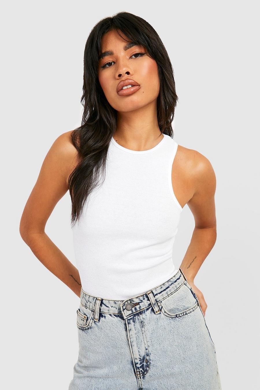 White Recyled Rib Racer Tank Top Bodysuit image number 1