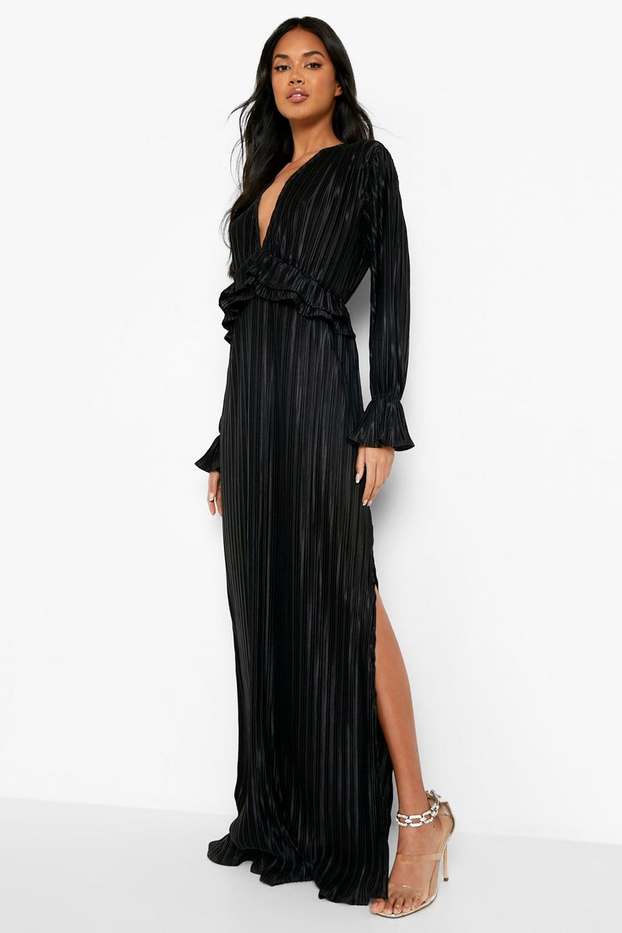 Black Pleated Plunge Ruffle Detail Maxi Dress image number 1