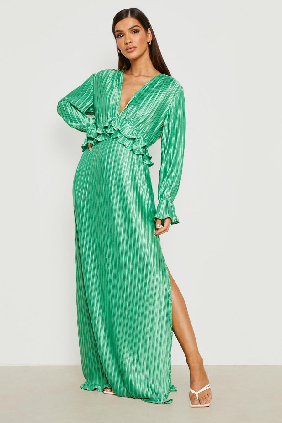 Green Pleated Plunge Ruffle Detail Maxi Dress