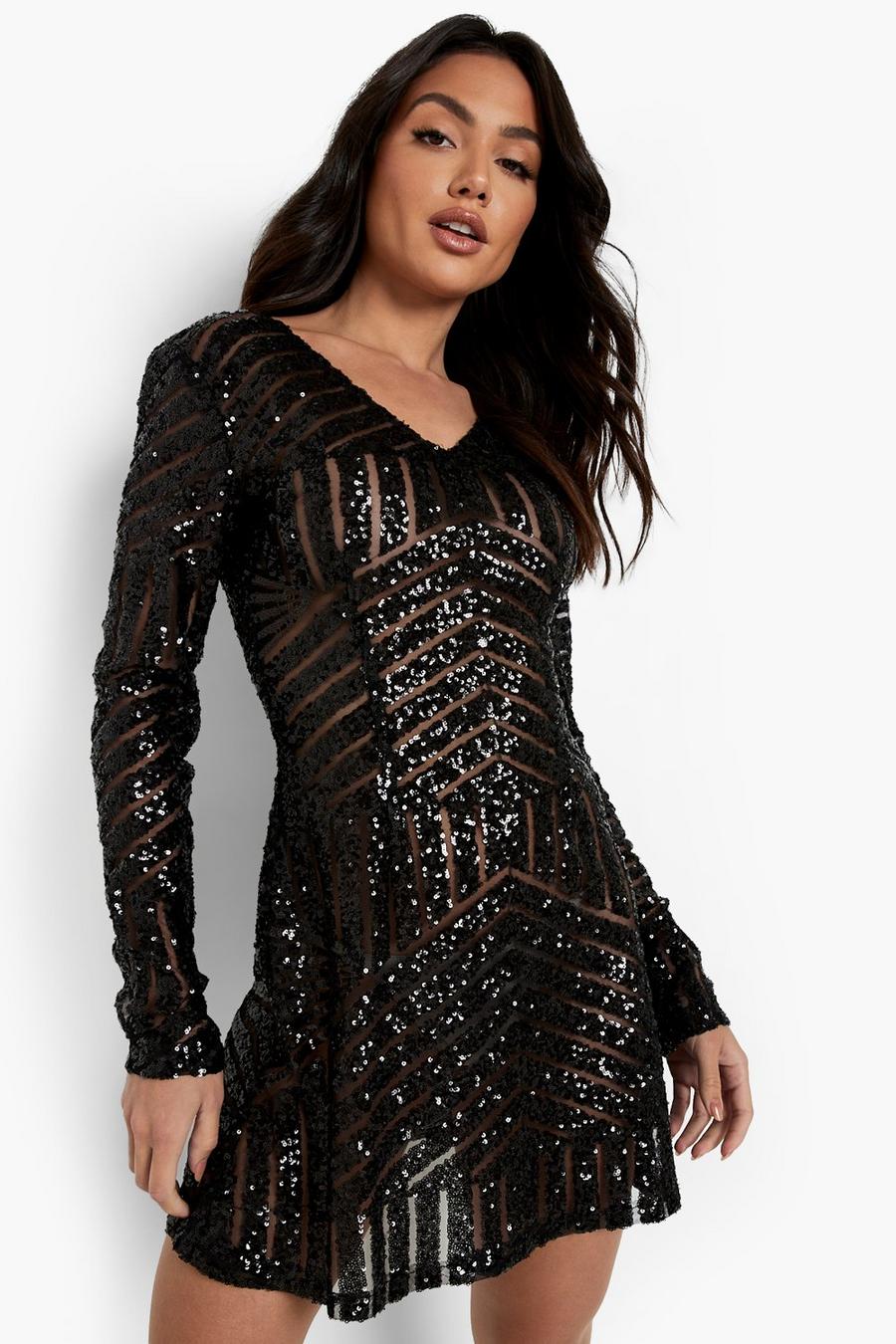 Black שמלת סקייטר פייטים עם שרוולים ארוכים לשושבינה image number 1