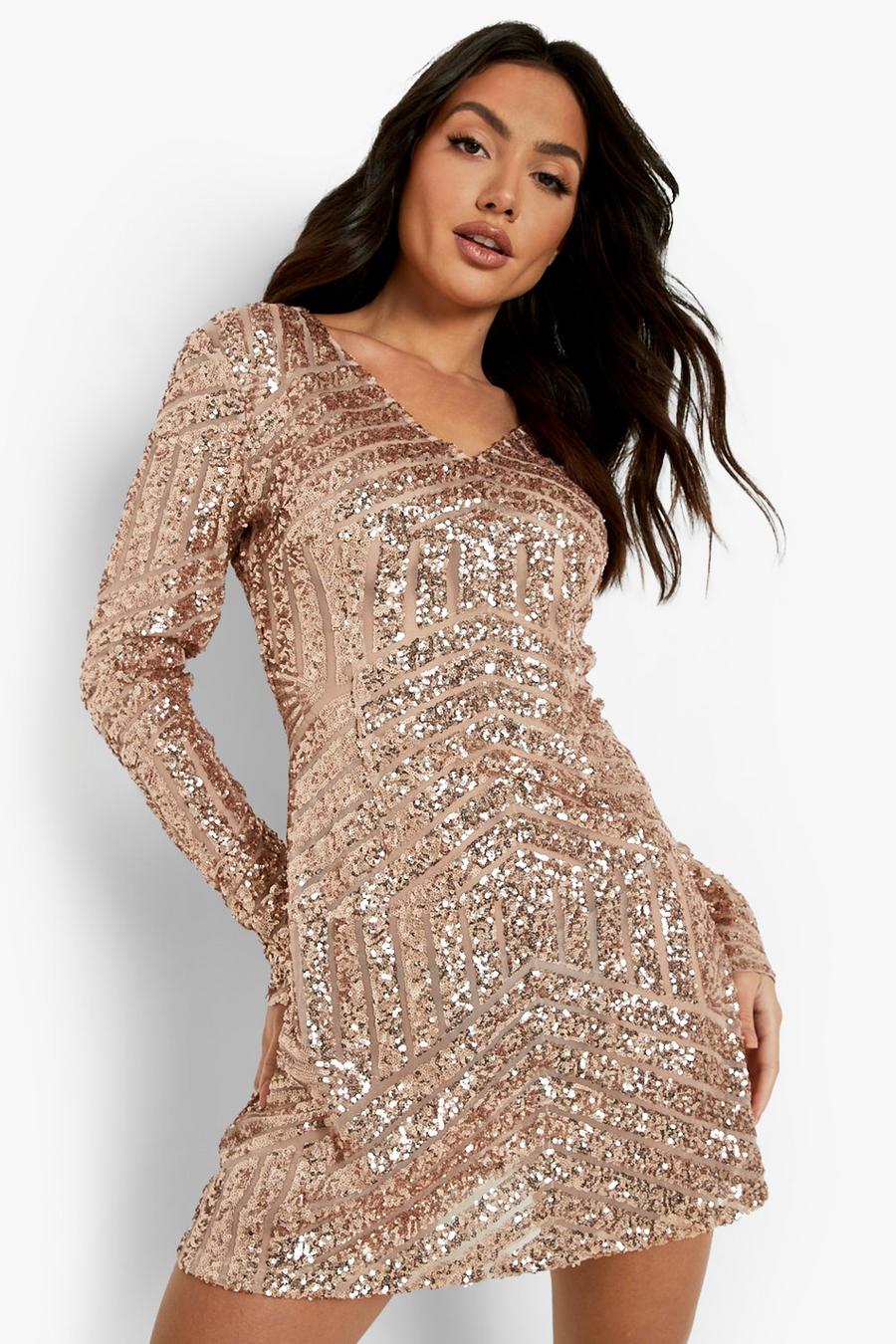 Rose gold metallizzato Sequin Long Sleeve Skater Bridesmaid Dress image number 1