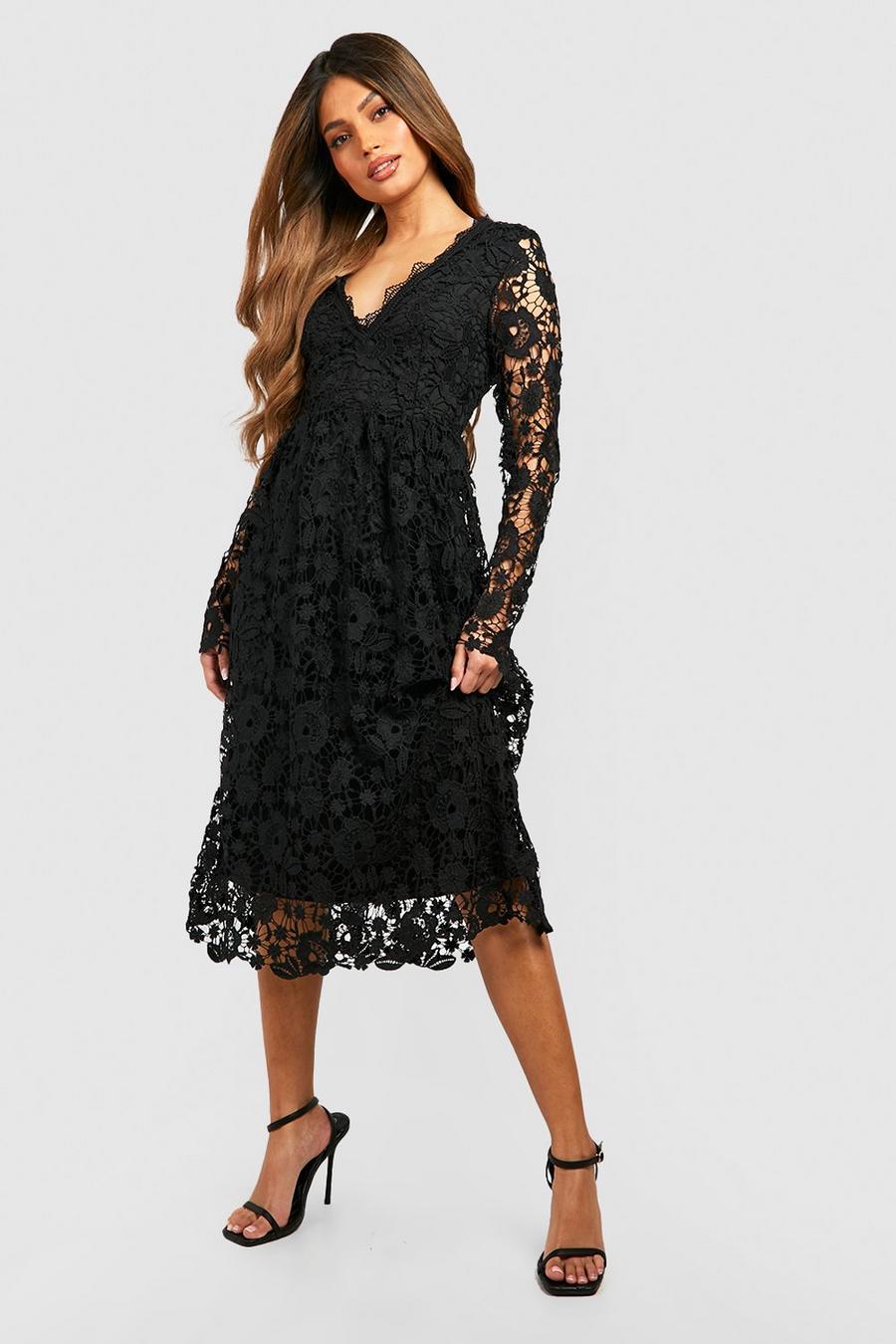Black Long Sleeve Crochet Lace Midi Skater Dress image number 1