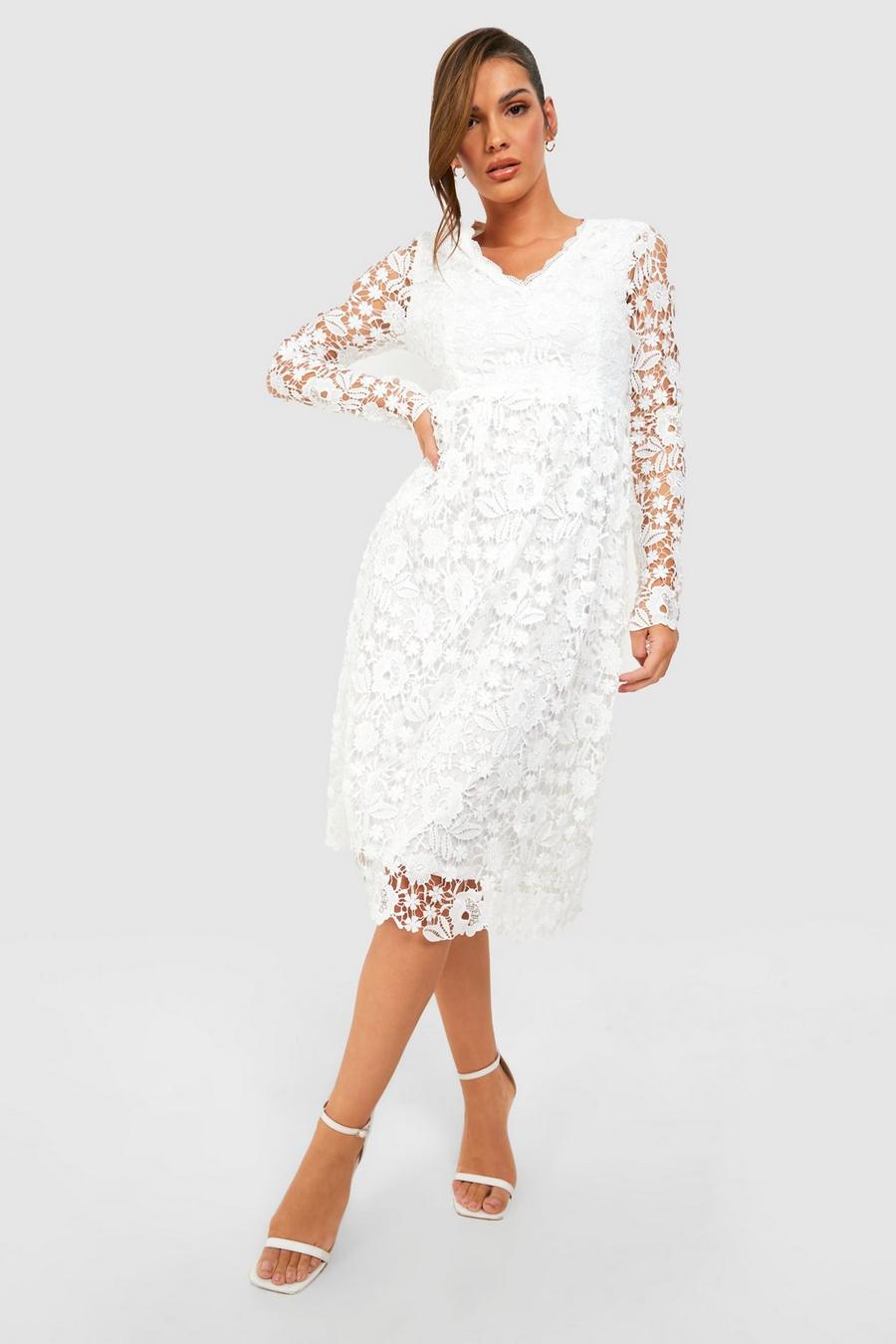 White Long Sleeve Crochet Lace Midi Skater Dress image number 1