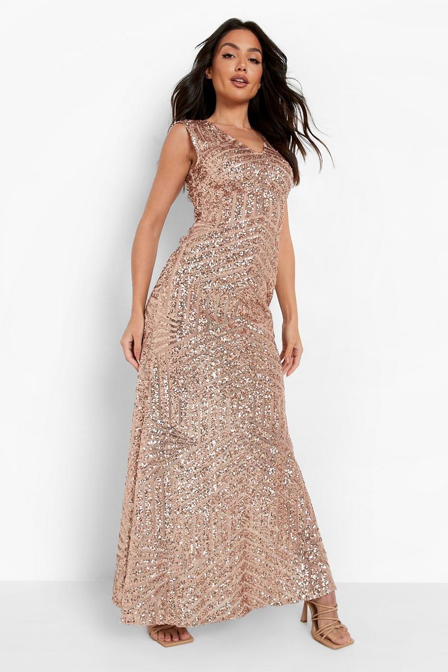 Rose gold métallique Sequin Sleeveless Maxi Bridesmaid Dress image number 1