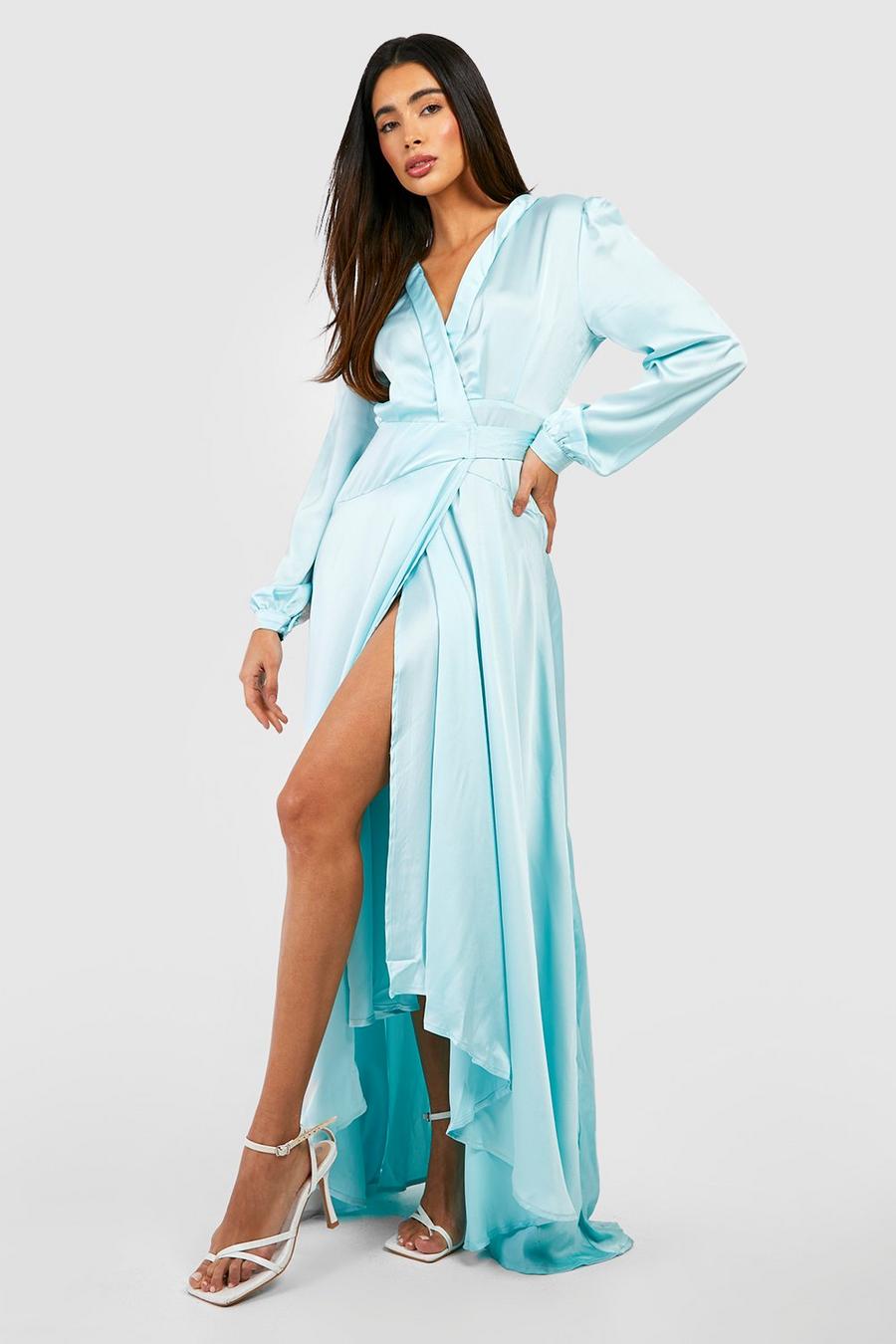 Baby blue Satin Wrap Belted Maxi Dress