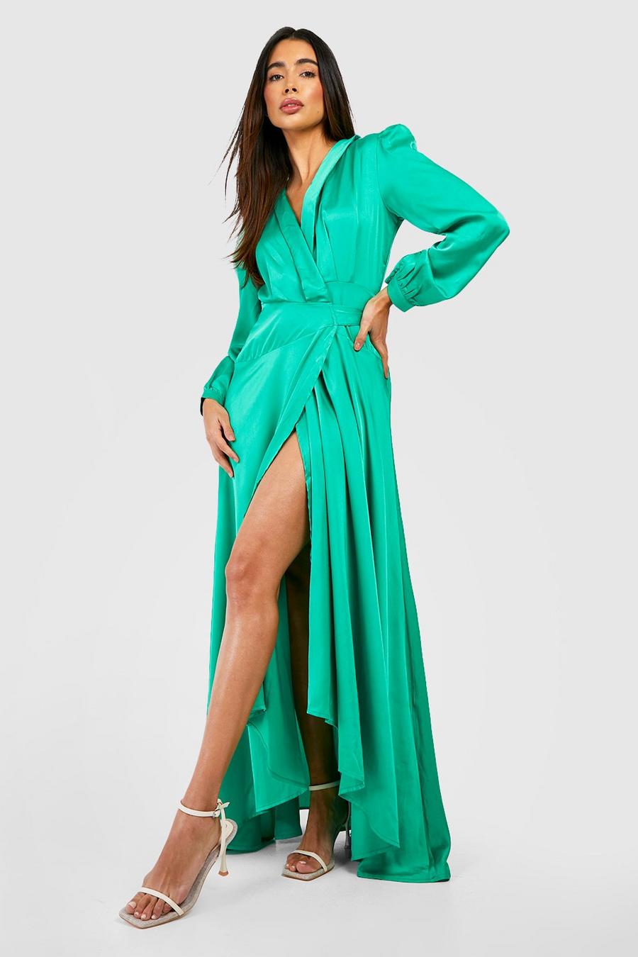 Green Satin Wrap Belted Maxi Dress