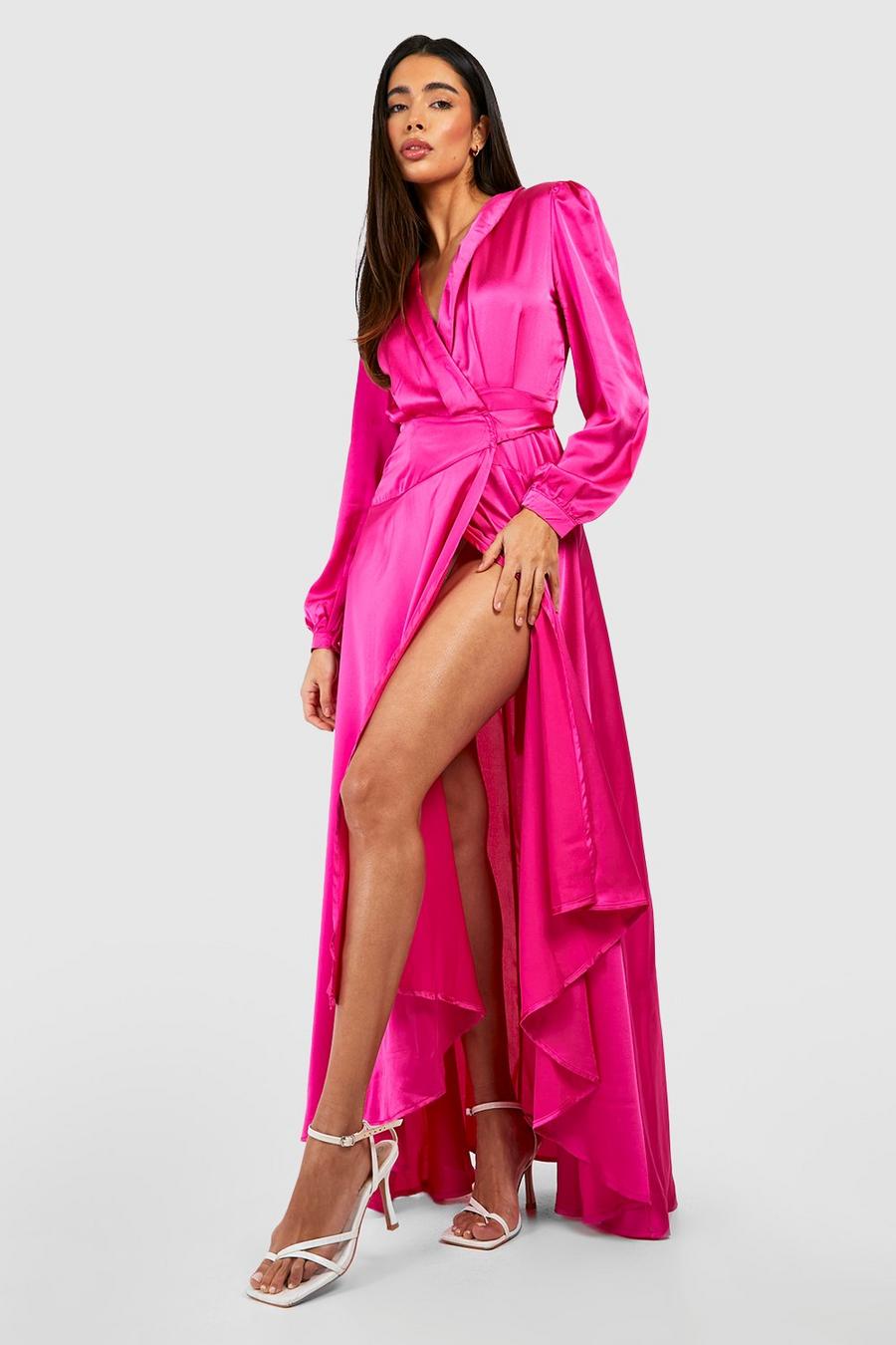 Raspberry pink Satin Wrap Belted Maxi Dress