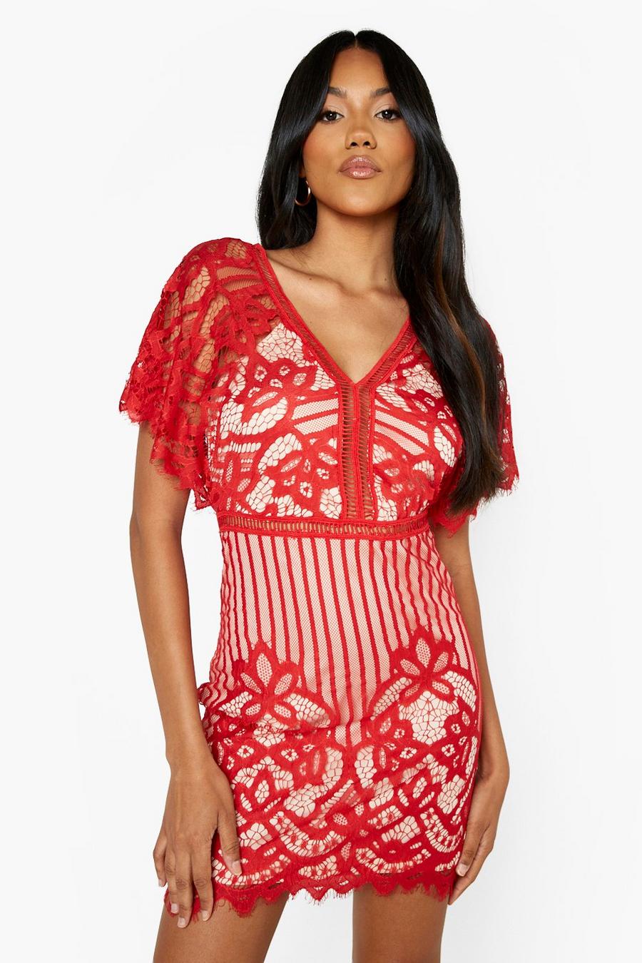 אדום שמלת מיני צמודה עם תחרה בהדפס חוזר, Boutique image number 1