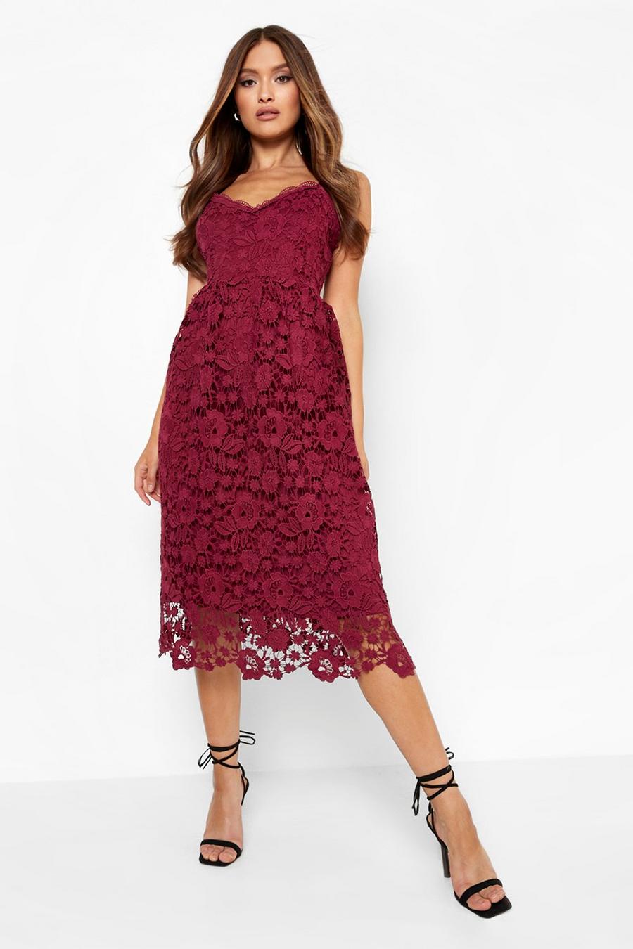 Berry red Strappy Crochet Lace Skater Midi Dress