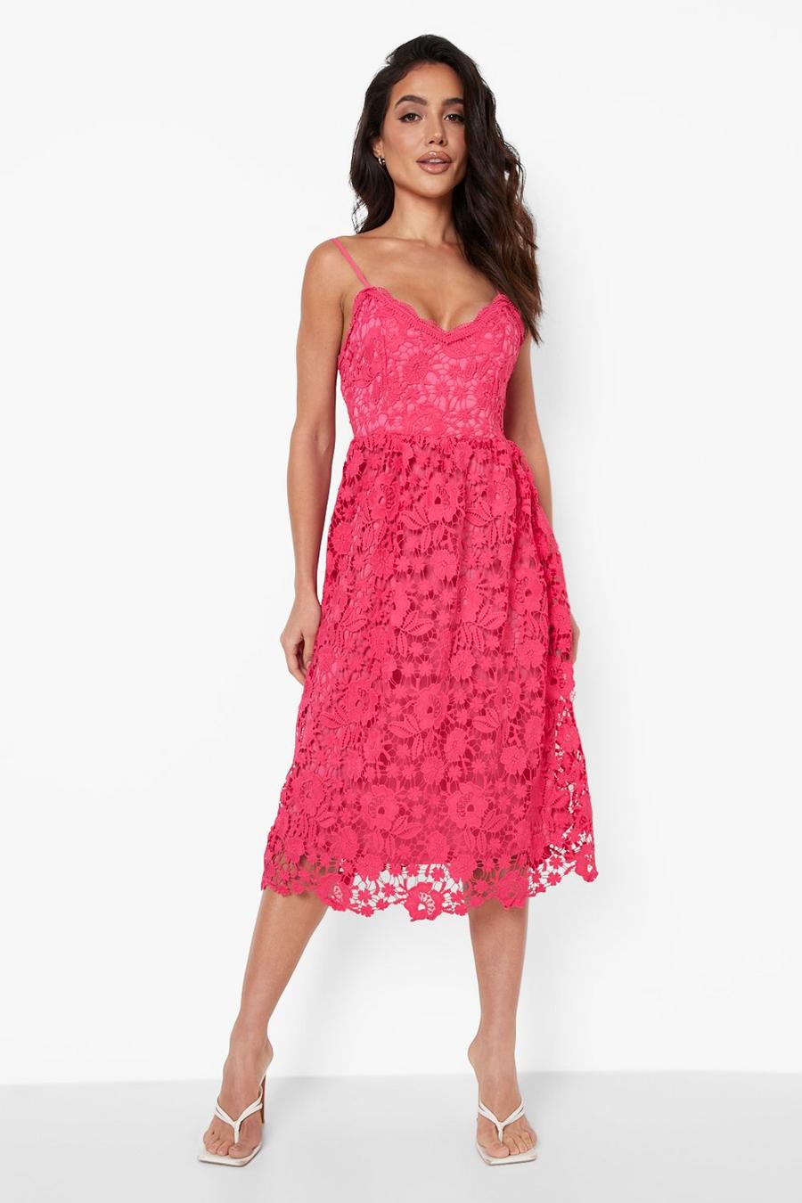 Hot pink rosa Strappy Crochet Lace Skater Midi Dress