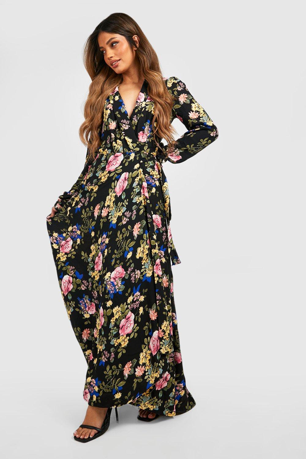 Women's Floral Mesh Ruched Maxi Dress