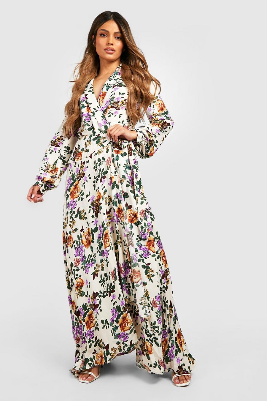 Stone beige Floral Wrap Belted Maxi Dress