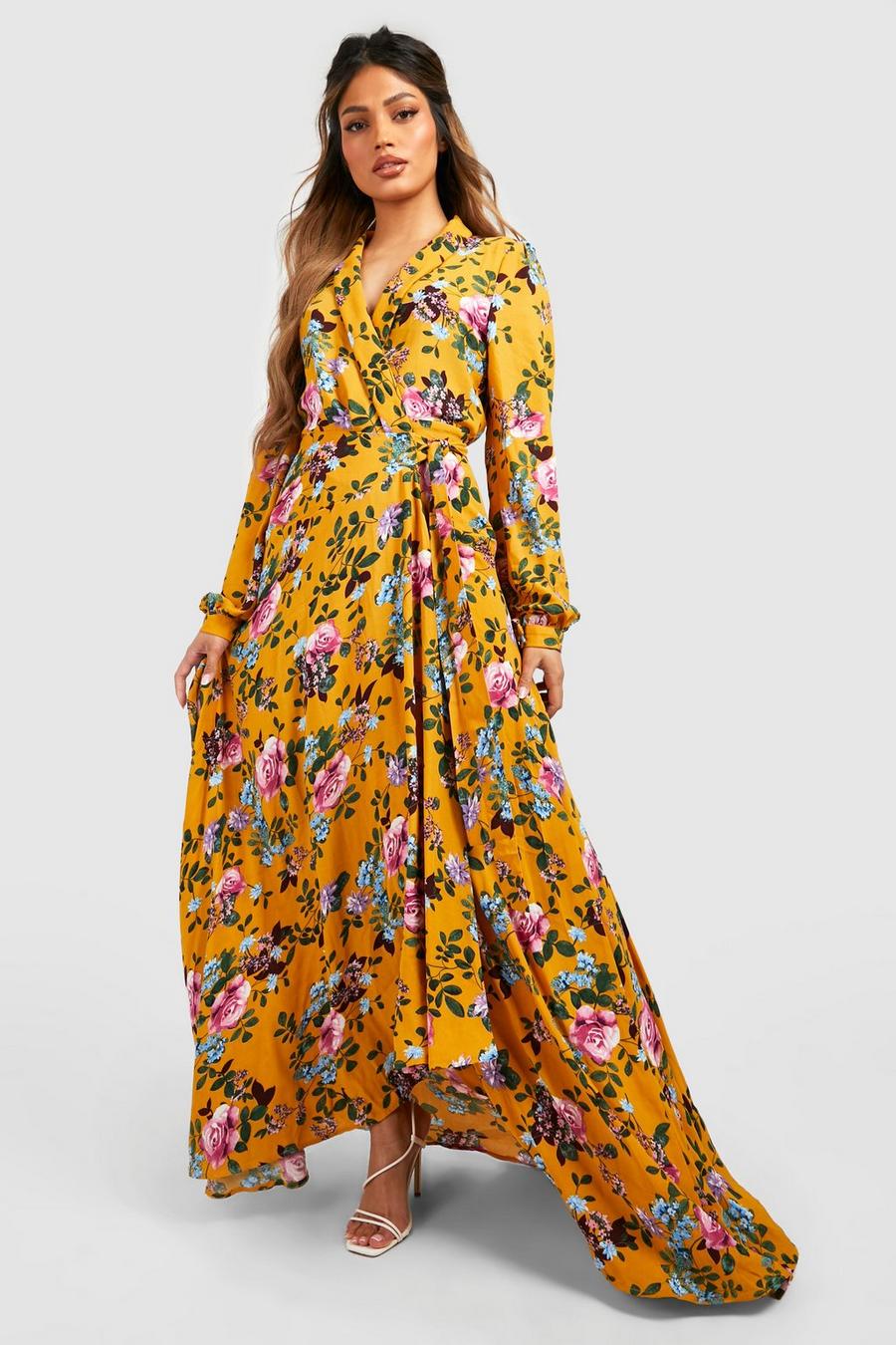 Yellow Floral Wrap Belted Maxi Dress image number 1