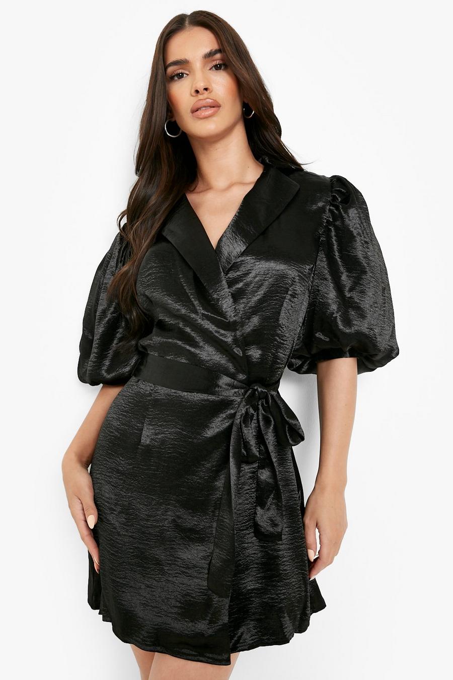 Black Satin Puff Sleeve Wrap Side Tie Mini Dress image number 1