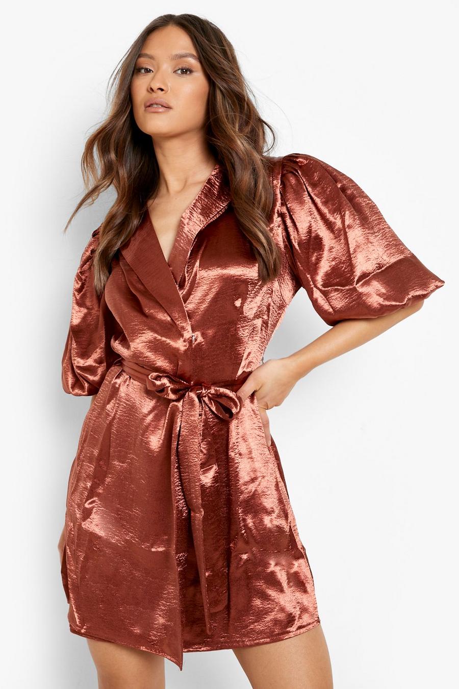 Chocolate brown Satin Puff Sleeve Wrap Side Tie Mini Dress