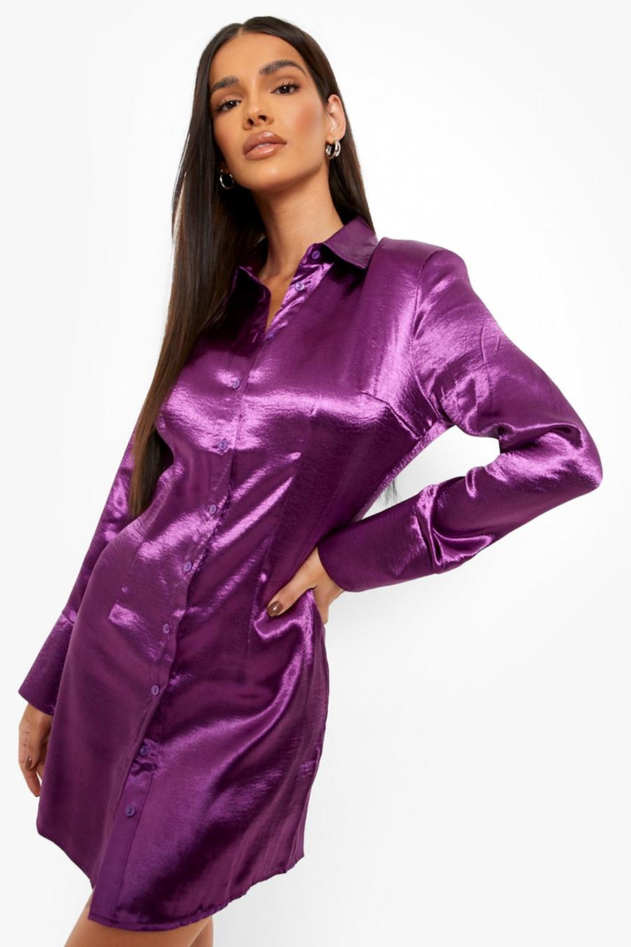Purple Kort skjortklänning i satin image number 1