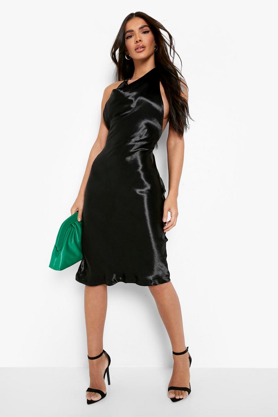 Black Satin Cowl Halter Neck Midi Dress image number 1