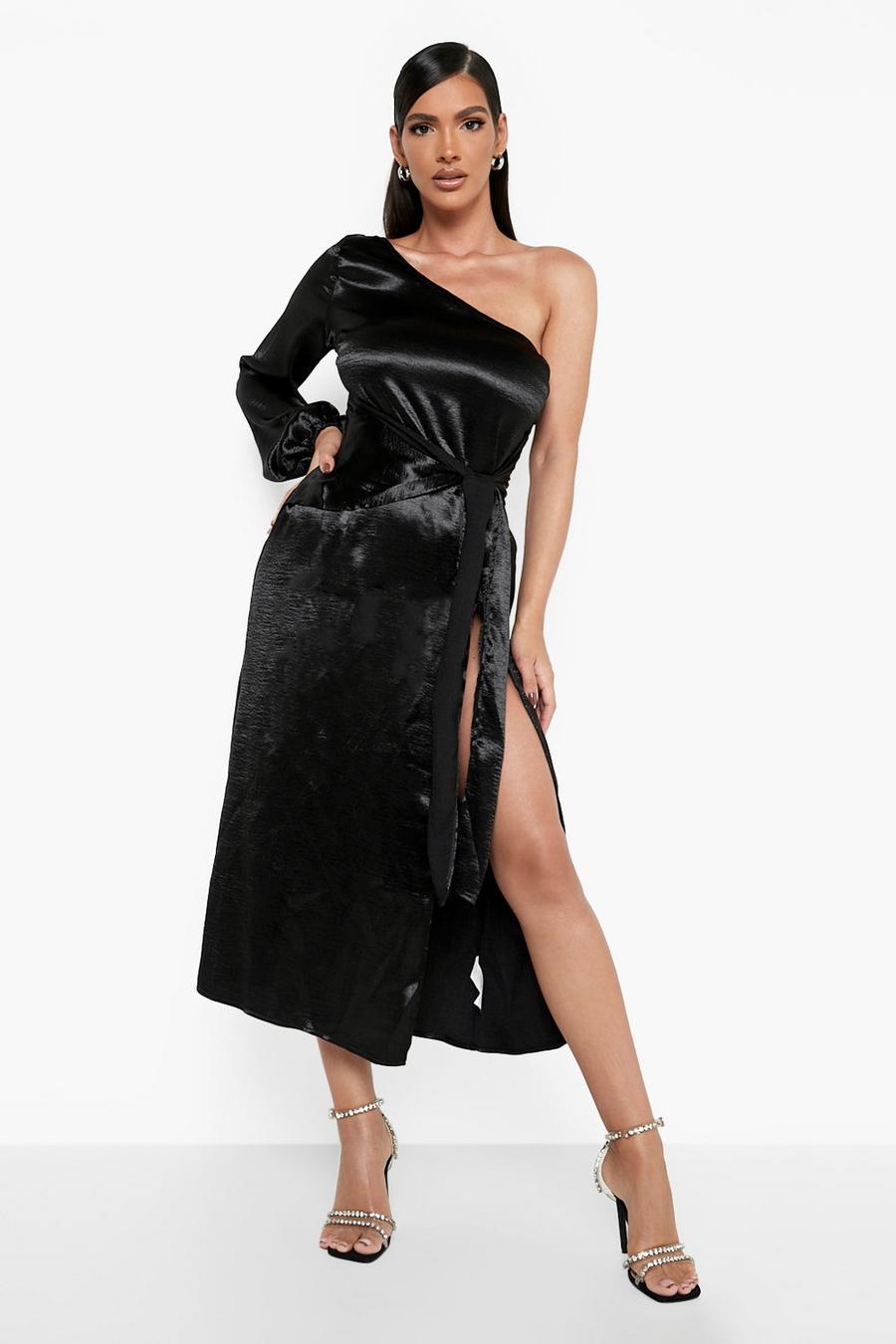 שחור שמלת מידקסי סאטן עם קשירה בחזית ושרוול אחד image number 1