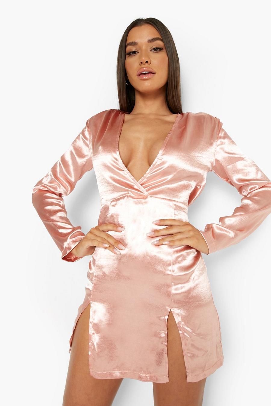 Blush pink Satin Double Split Hem Button Up Mini Dress