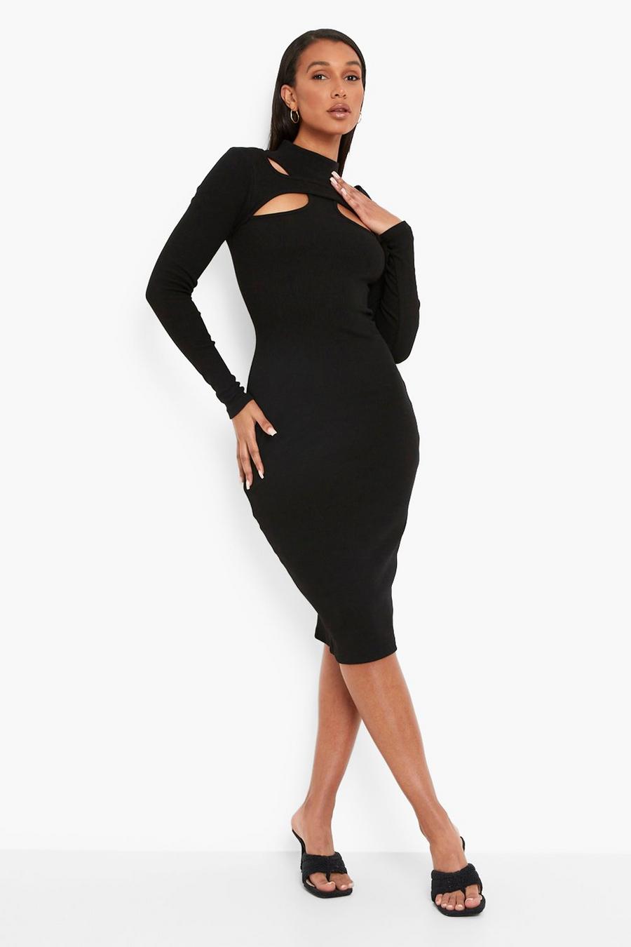 Black Premium Rib Cut Out Long Sleeve Midi Dress image number 1