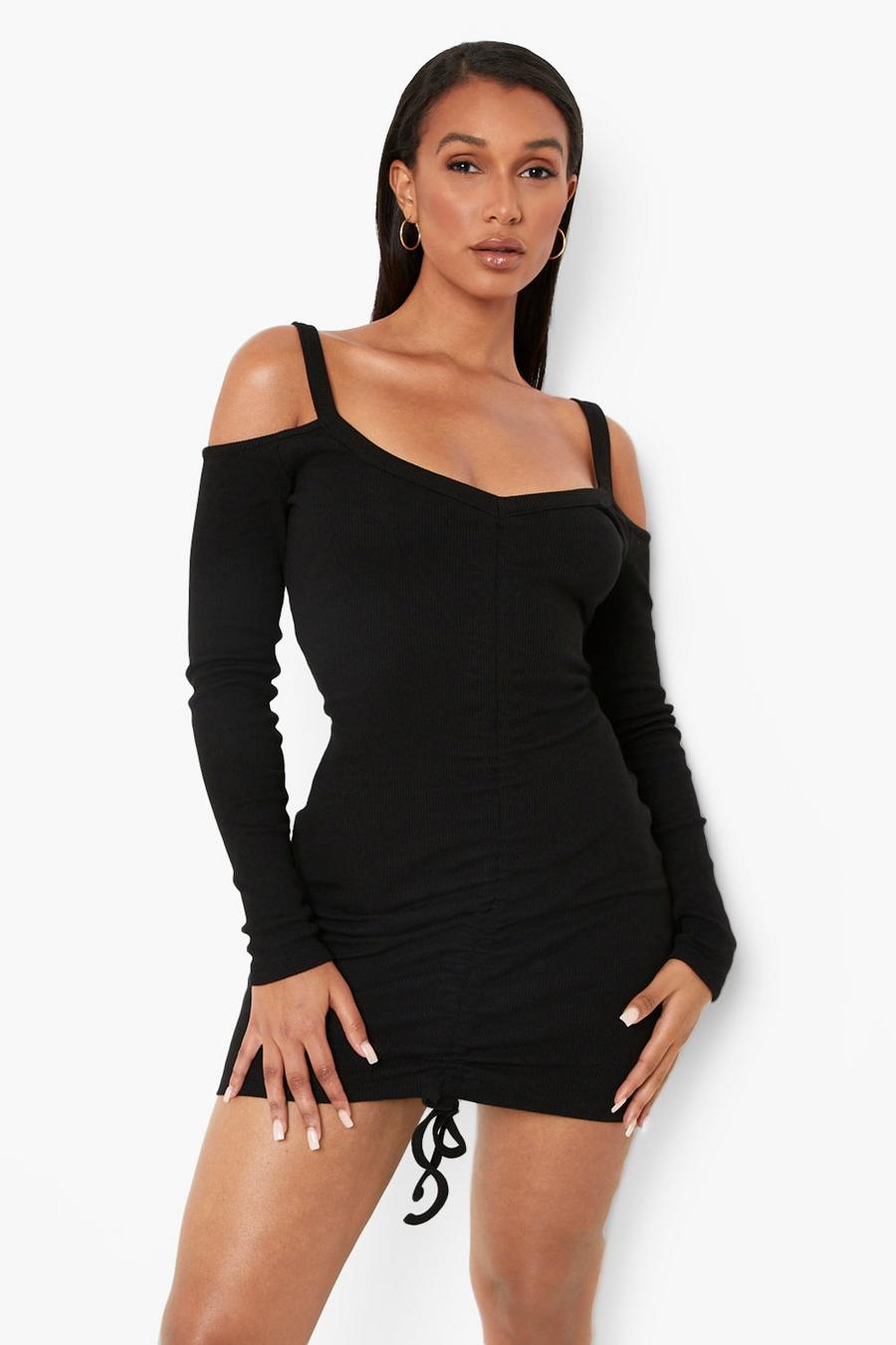 Black Premium Rib Cold Shoulder Ruched Mini Dress image number 1