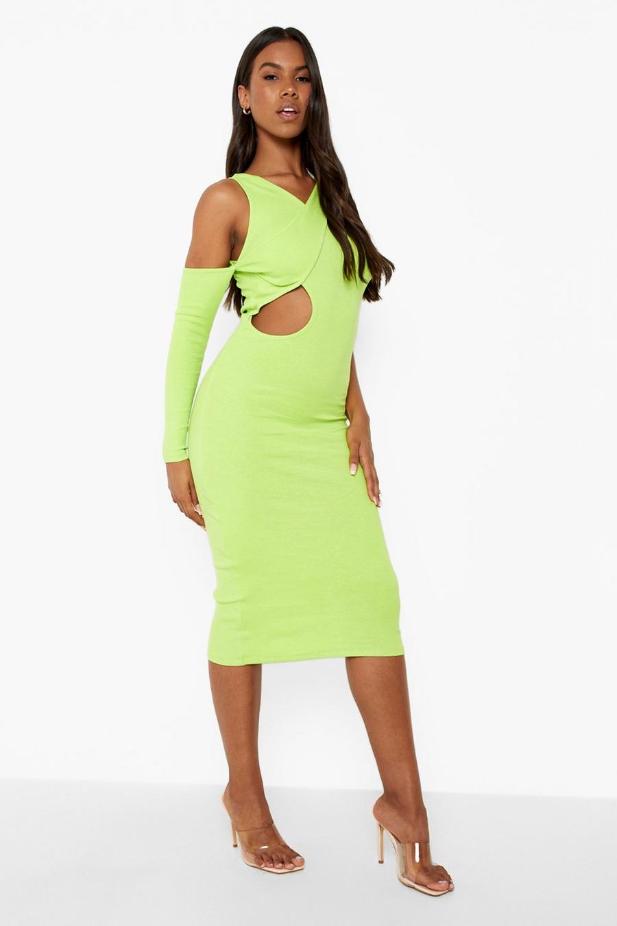 Lime Premium Rib Cut Out Asymetric Midi Dress image number 1