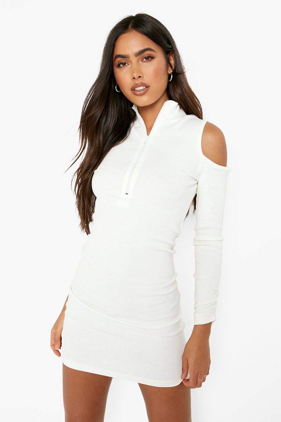 Vestido mini de canalé Premium con cuello alto con cremallera y hombros descubiertos, White image number 1