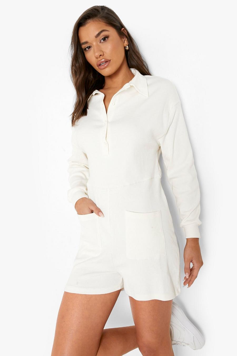 White Rib Oversized Button Down Romper image number 1