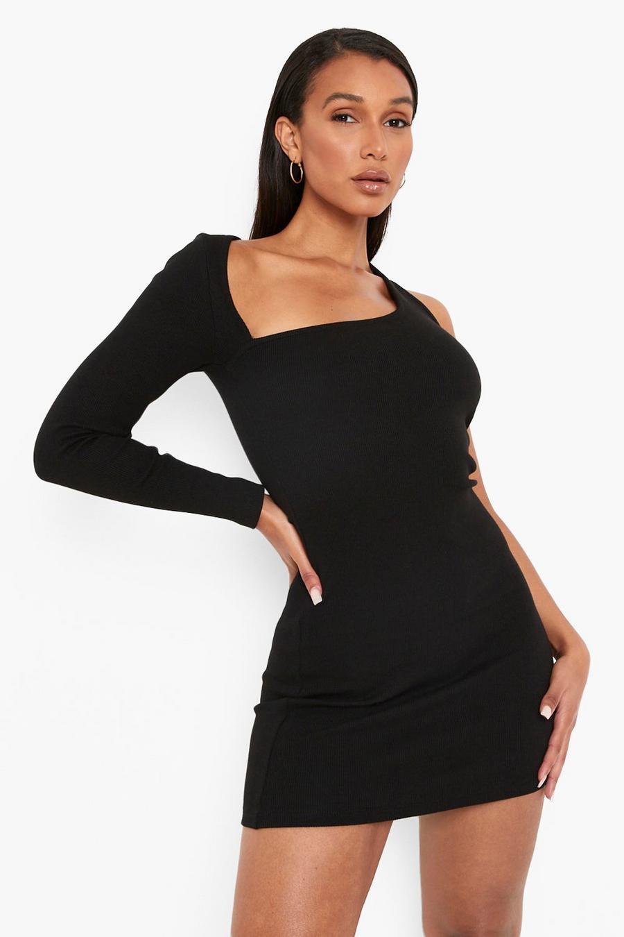 Black Premium Rib Asymmetric Mini Dress image number 1