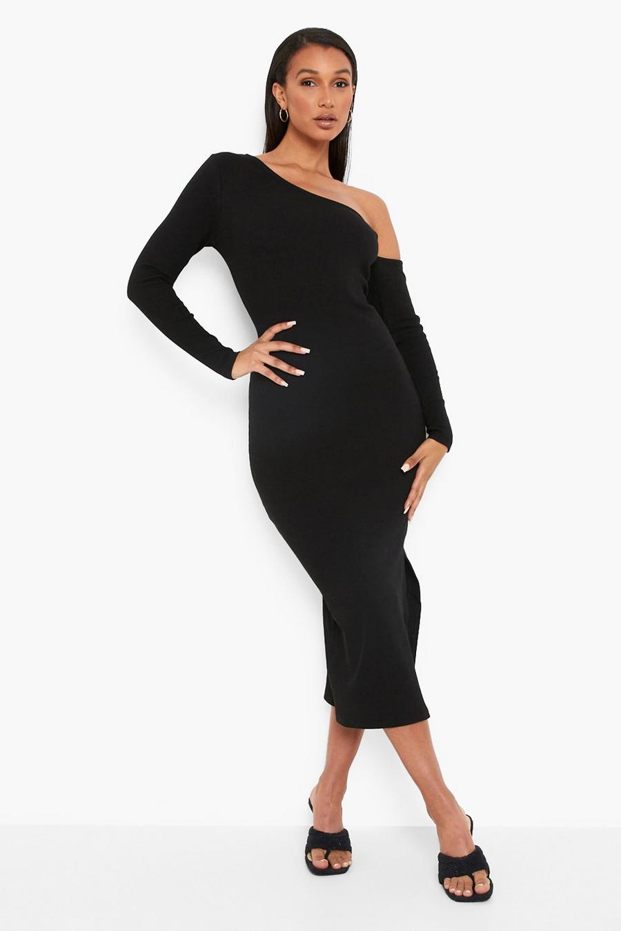 Black Premium Rib Asymmetric Split Midaxi Dress image number 1
