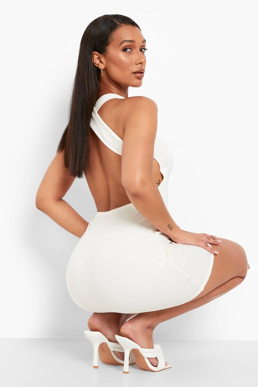 White Premium Rib Cut Out Back Bardot Mini Dress image number 1