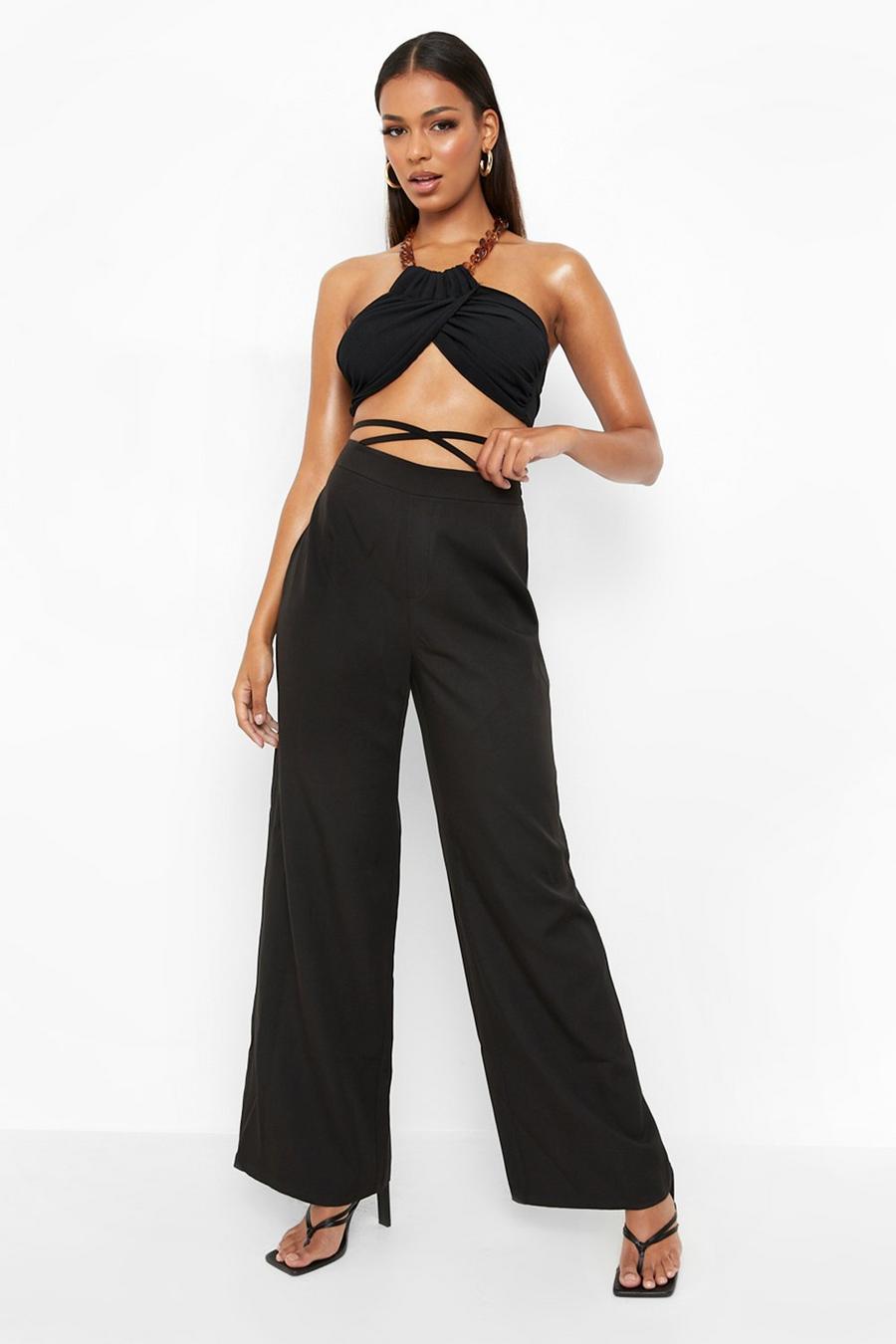Black Woven Tie Detail Wide Leg Trousers image number 1