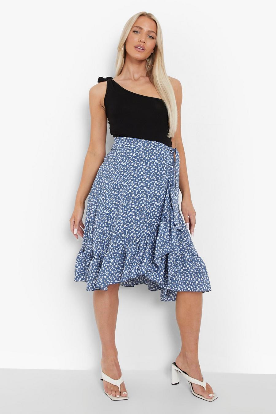 Blue Ditsy Floral Wrap Midi Skirt image number 1