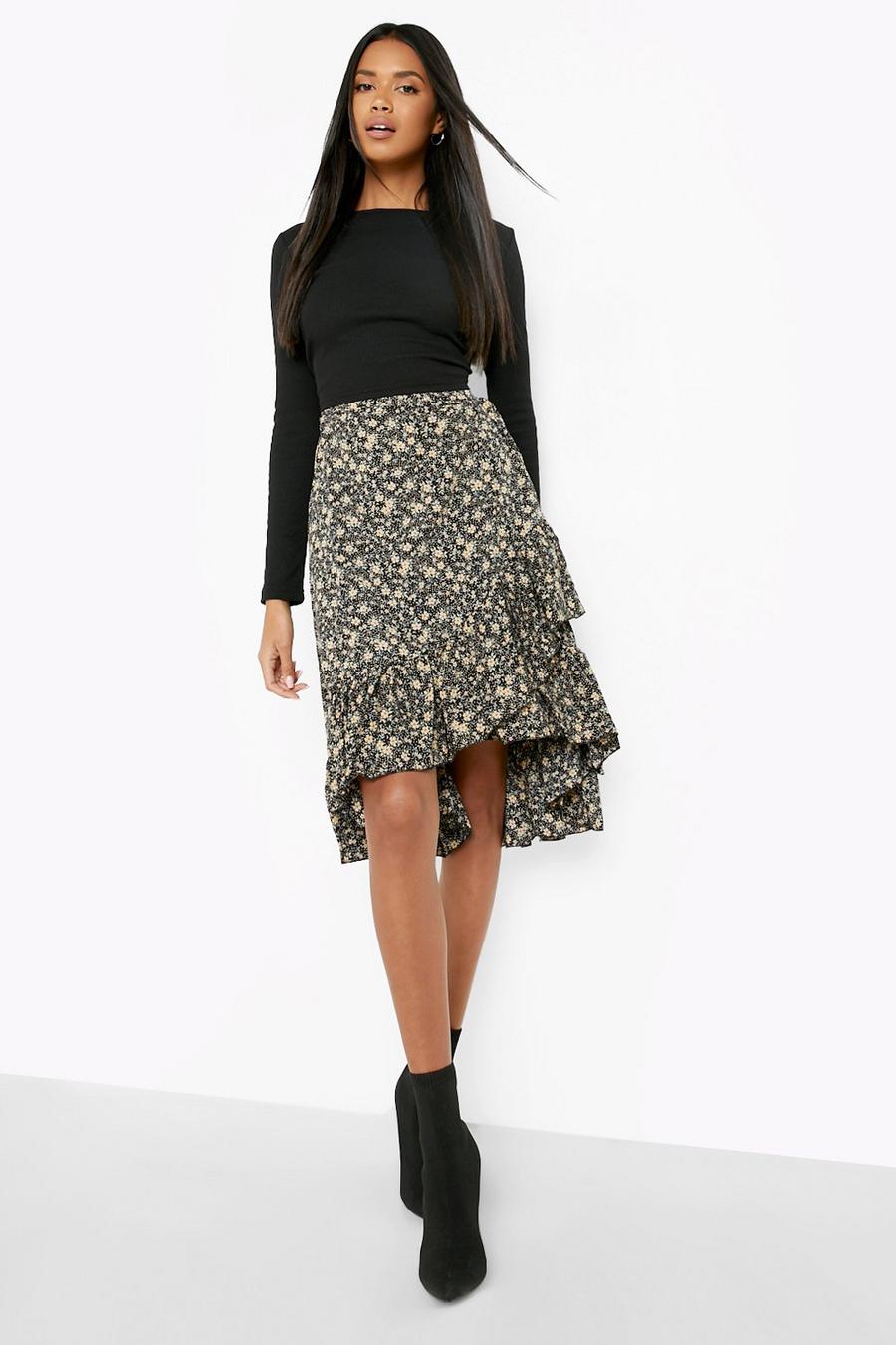 Black Ditsy Floral Wrap Midi Skirt image number 1