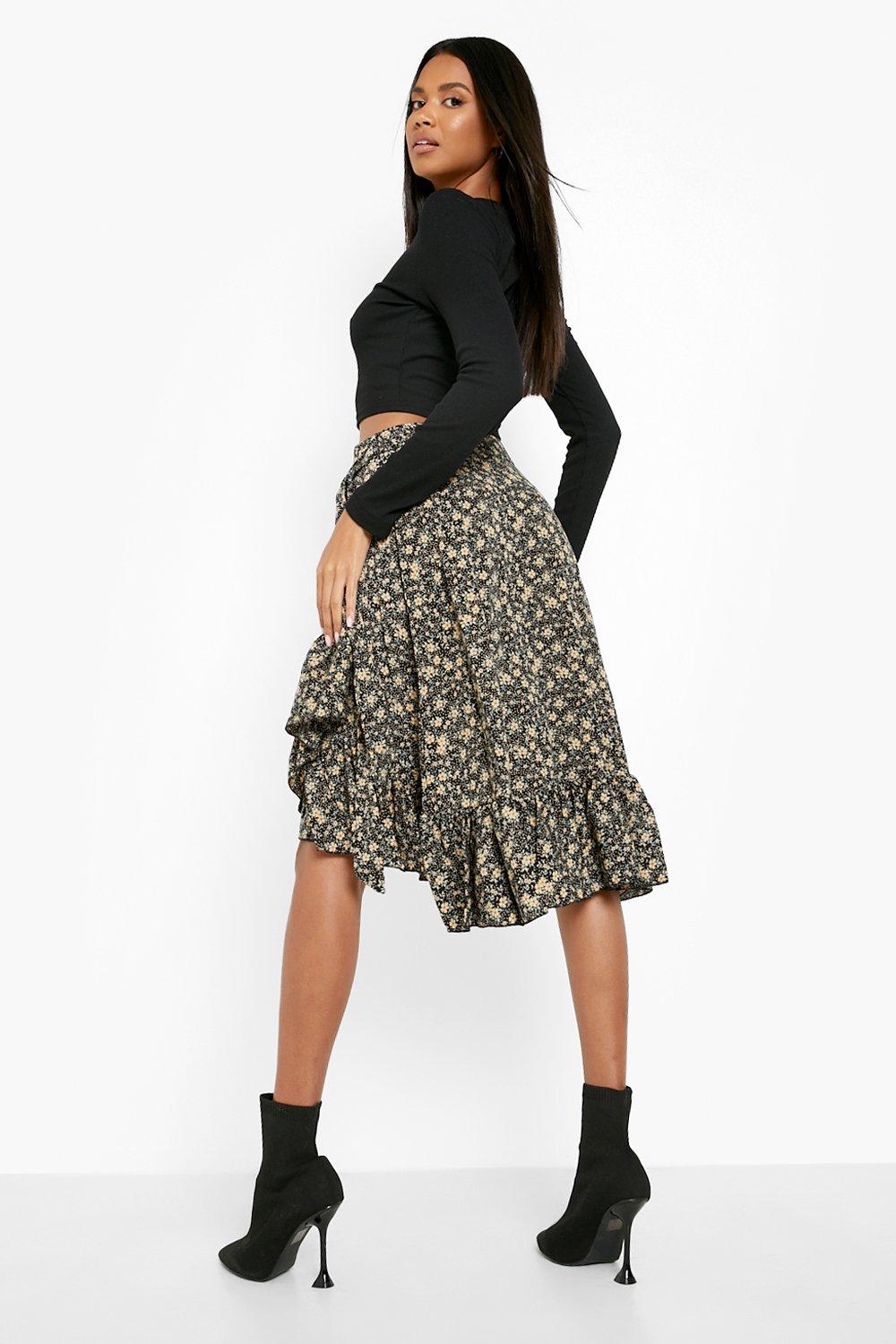 High waisted black 2024 floral wrap skirt