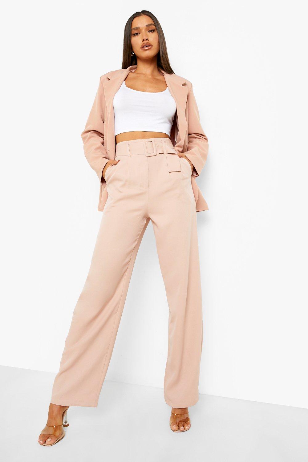 Self Belt Pleat Detail Straight Leg Pants | boohoo