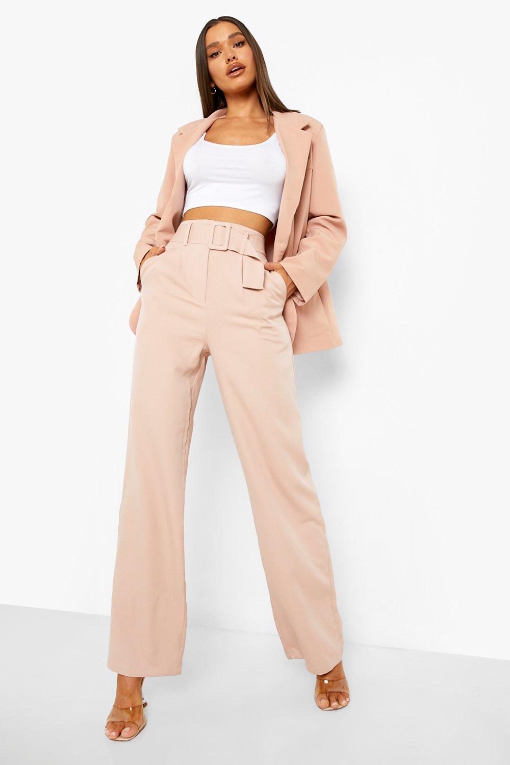 Self Belt Pleat Detail Straight Leg Pants | boohoo