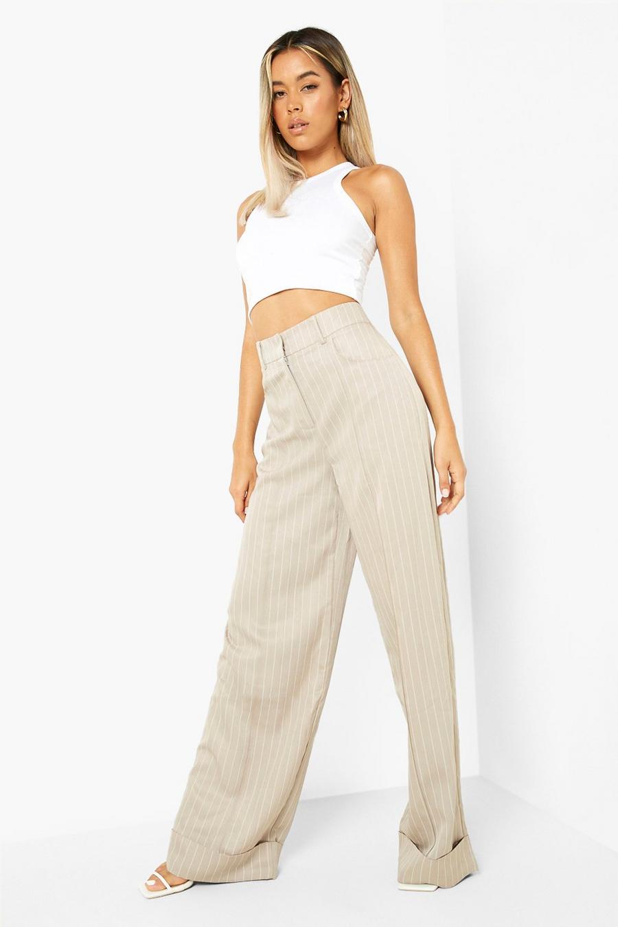 Sand beis Turn Up Pinstripe Woven Trouser