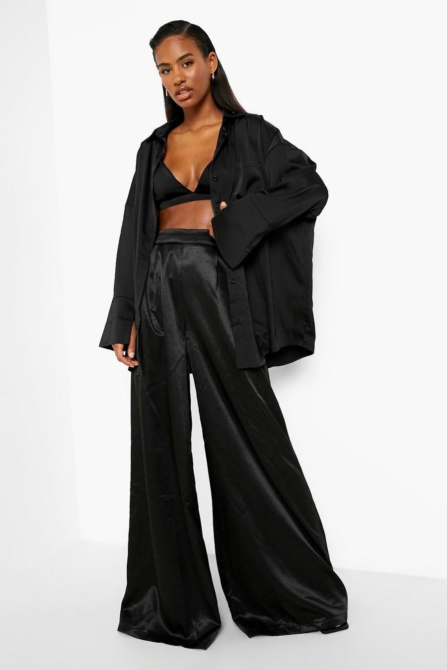 Black Extreme Wide Leg Luxe Satin Pants image number 1