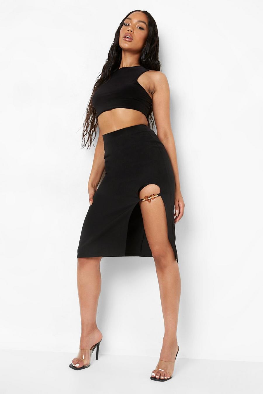 Black Trim Detail Woven Midi Skirt image number 1