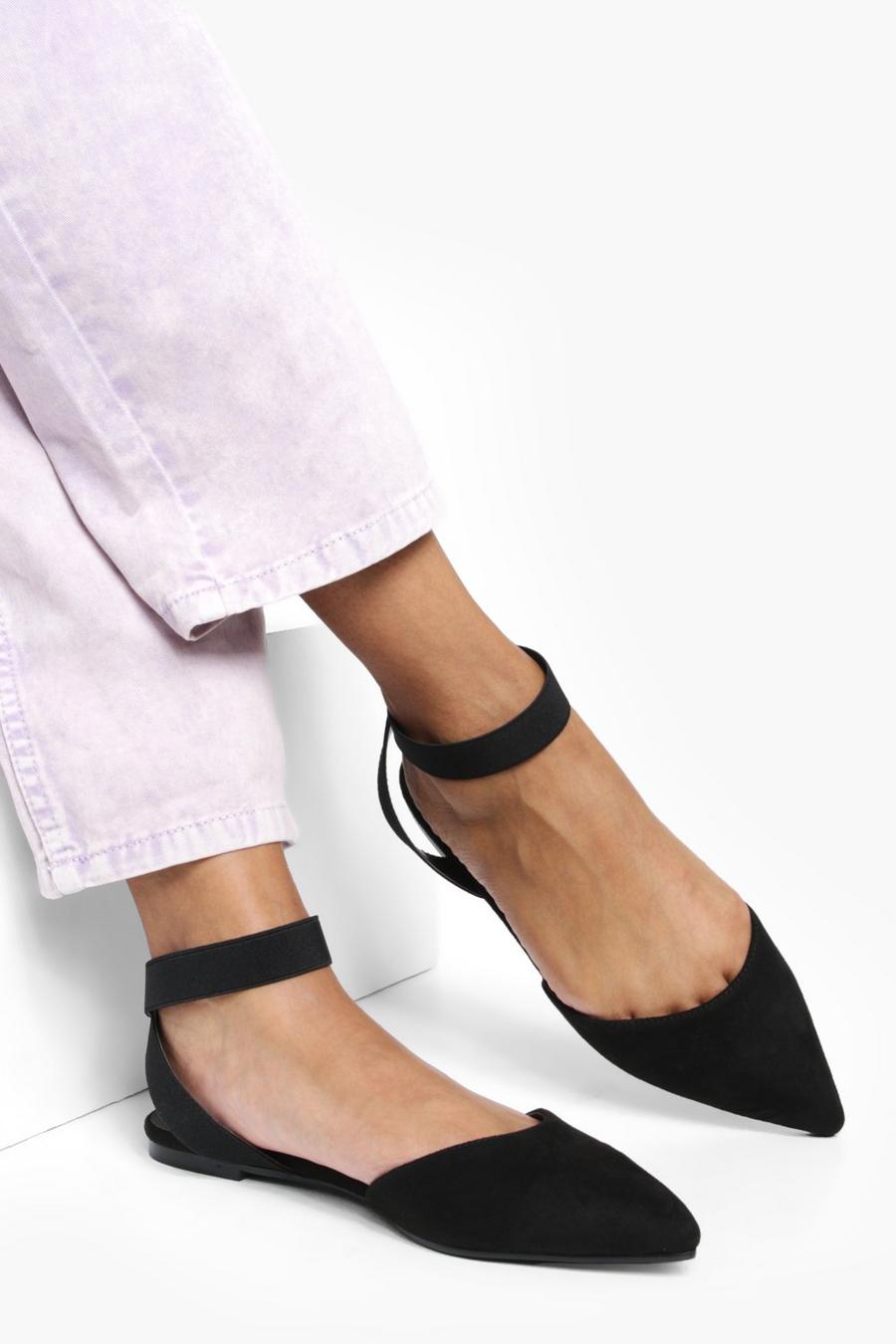Breite Passform spitze, flache Schuhe mit elastischem Riemchen, Schwarz noir