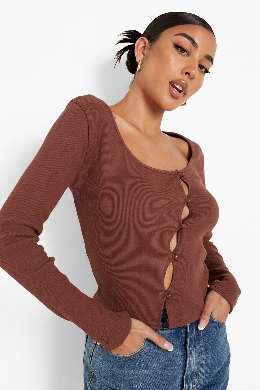 Chocolate Ribbed Cardigan Top image number 1