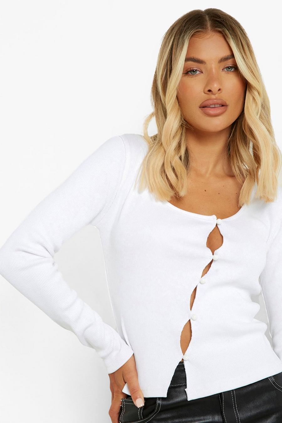 White Ribbed Cardigan Top image number 1
