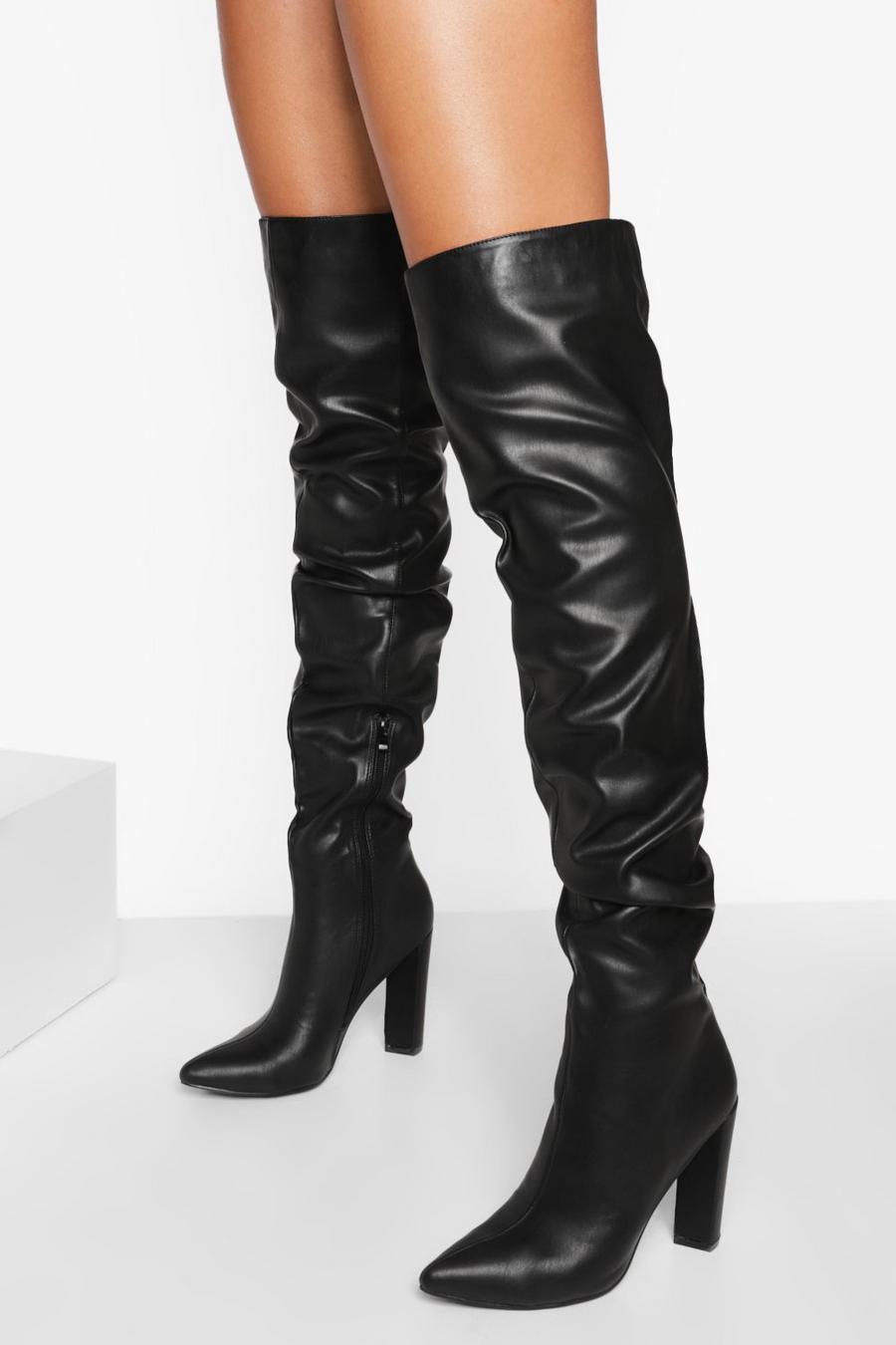 Black Ruched Thigh High Block Heel Boots image number 1